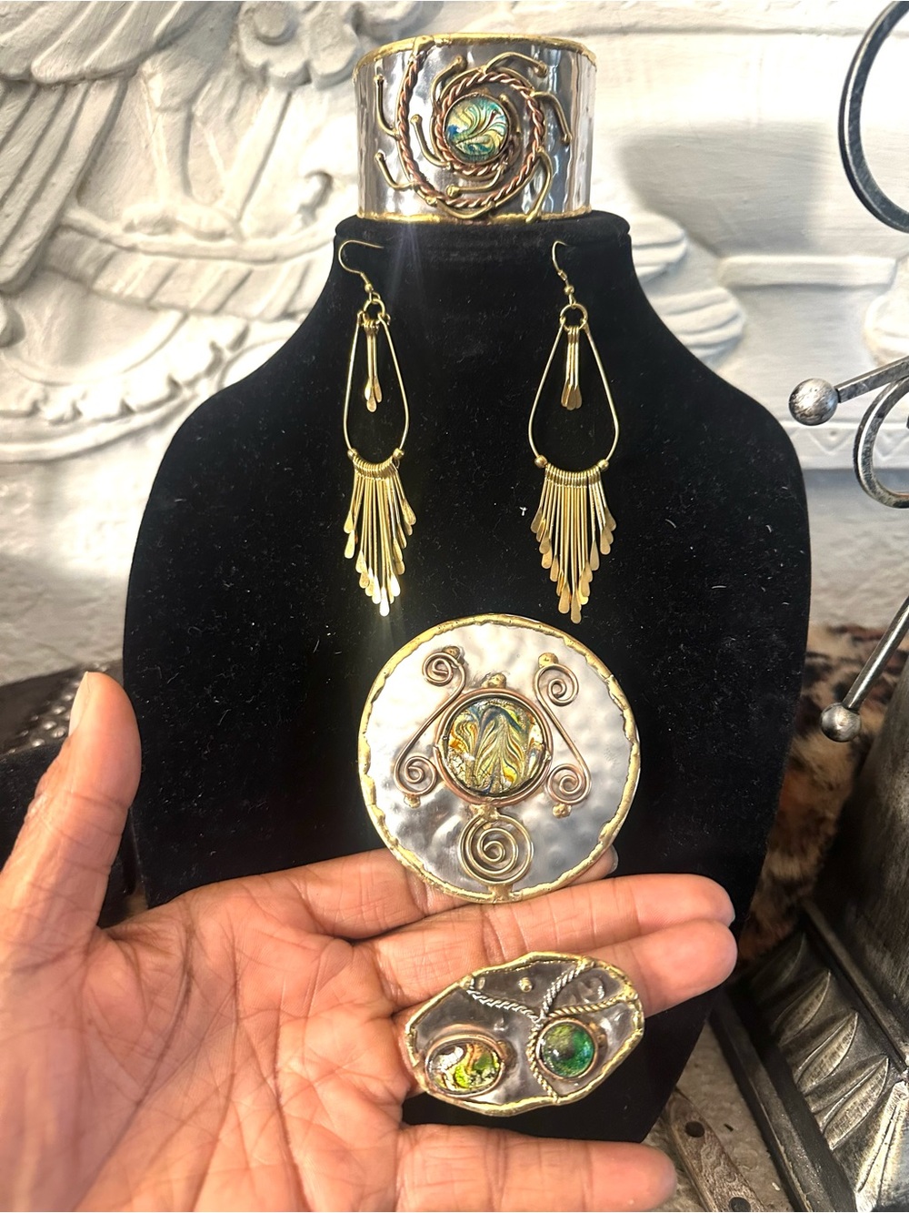 4pc Brutalist necklace N cuff set dangling brass Earrings Green Iridescent SALE